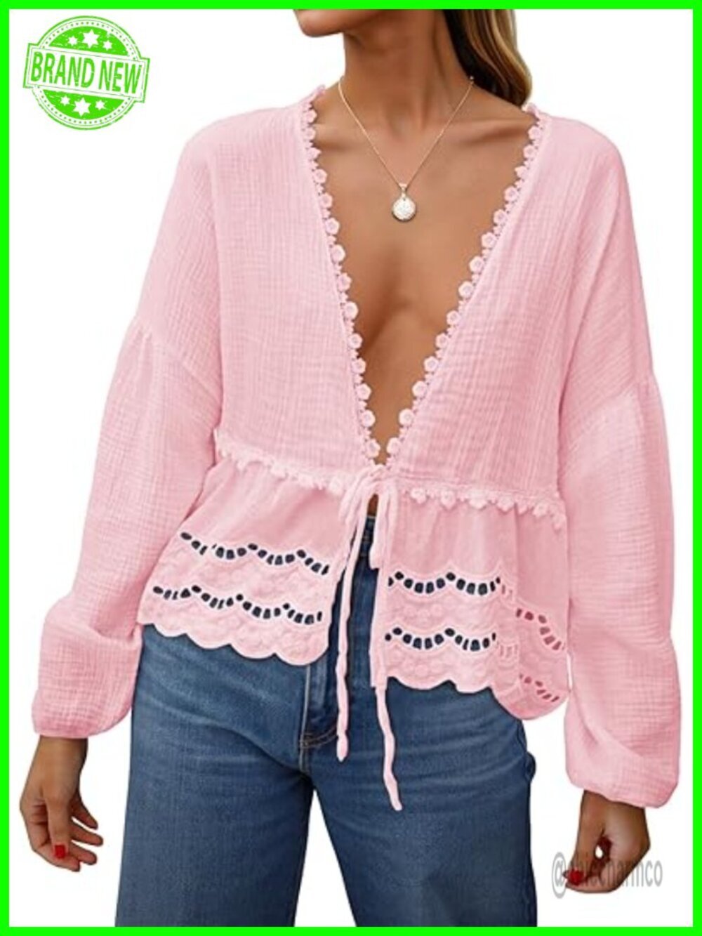 Women's Deep V Neck Tie Front Blouse Cotton Long Puff Sleeve Eyelet Lace Trim